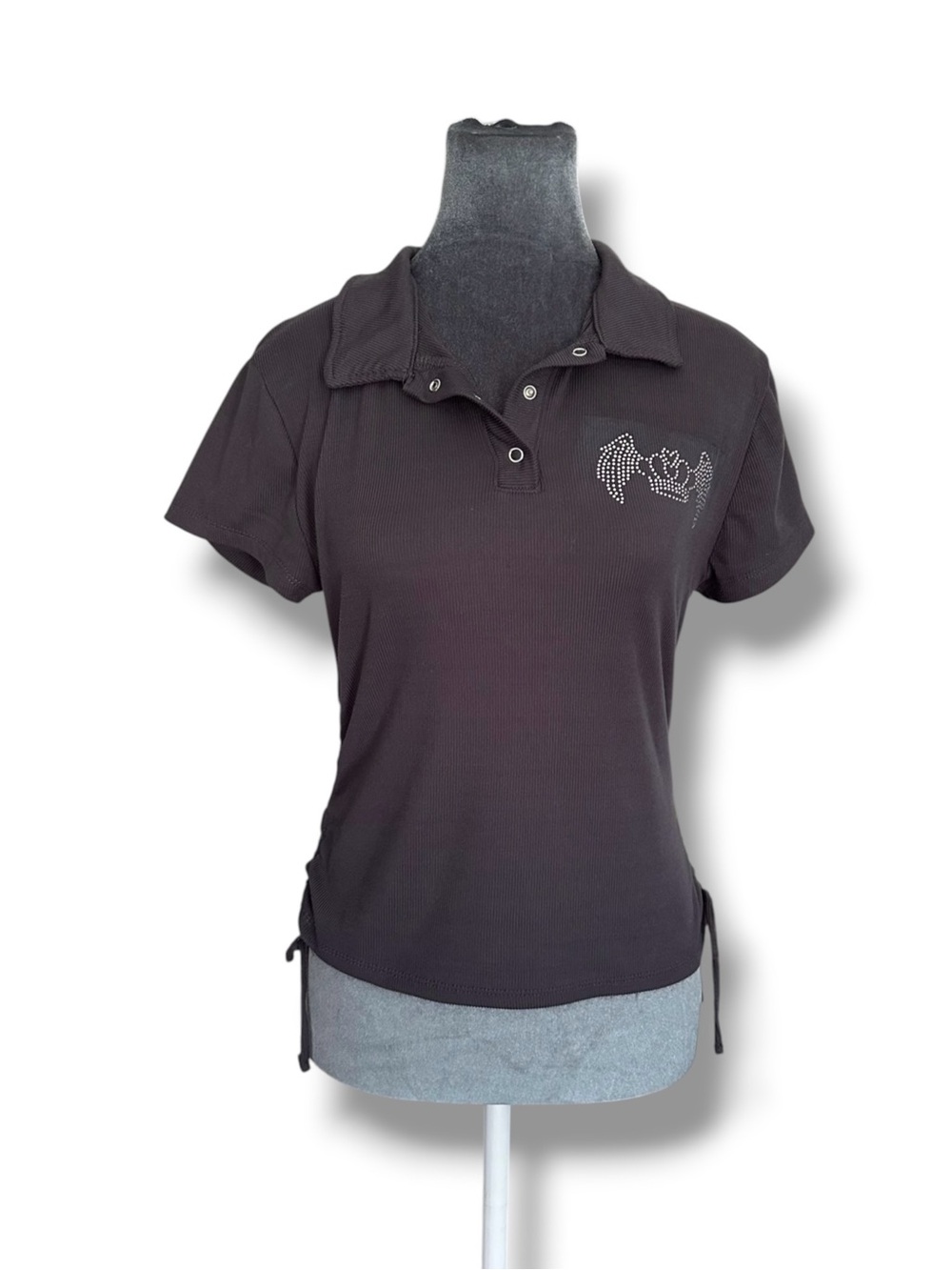 Rue21 Rhinestone Winged Crown Ruched Ties Collared Stretch Polo Shirt XL 2000s